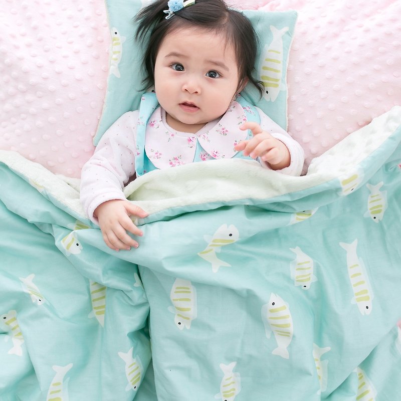 Minky Thickened Sandwich Cotton Blanket Pillow Set Little Particle Carrying Blanket Baby Blanket Mint Green-Xiaoyu - ผ้าปูที่นอน - ผ้าฝ้าย/ผ้าลินิน สีเขียว
