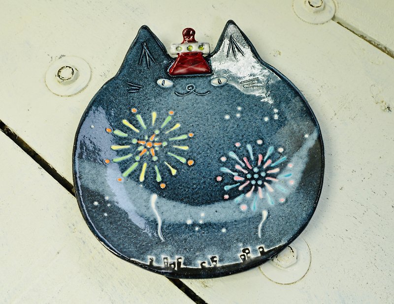貓咪陶盤  TOKYO-FIREWORKS 大尺寸 - 盤子/餐盤/盤架 - 陶 藍色