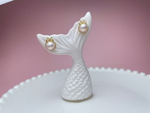 Athena珍珠設計 蝴蝶結 Akoya 天然海水珍珠 S925銀 耳針耳環