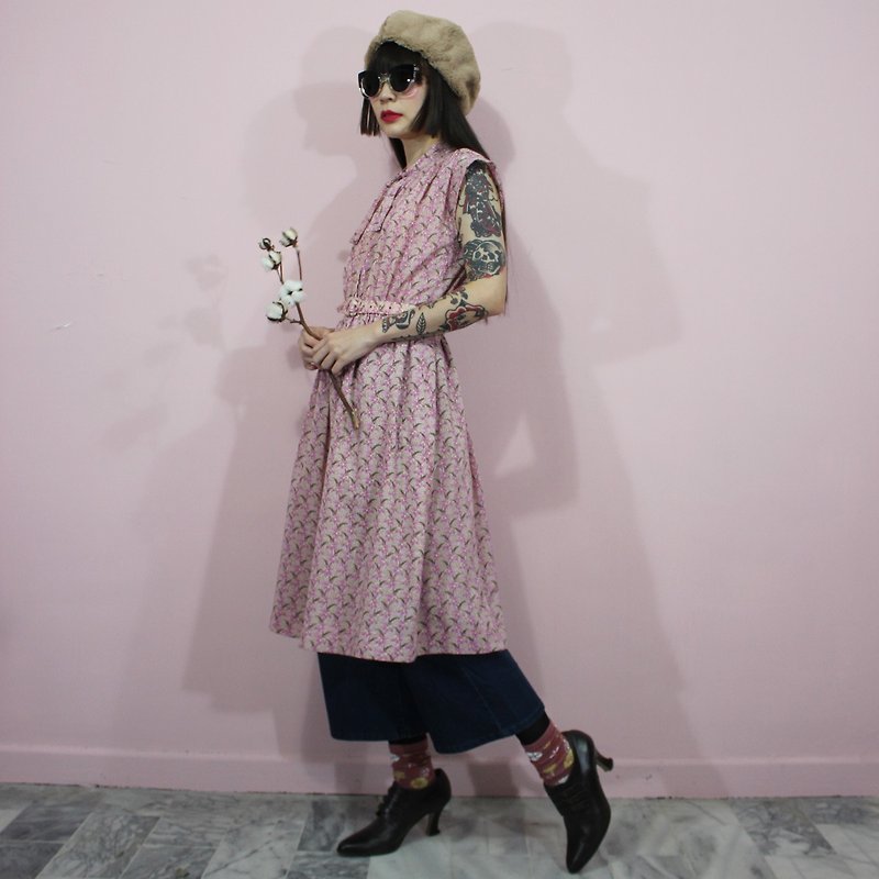 (Vintage洋裝)粉紅色小花朵附腰帶日本古著洋裝(生日禮物)F3243 - 洋裝/連身裙 - 棉．麻 粉紅色