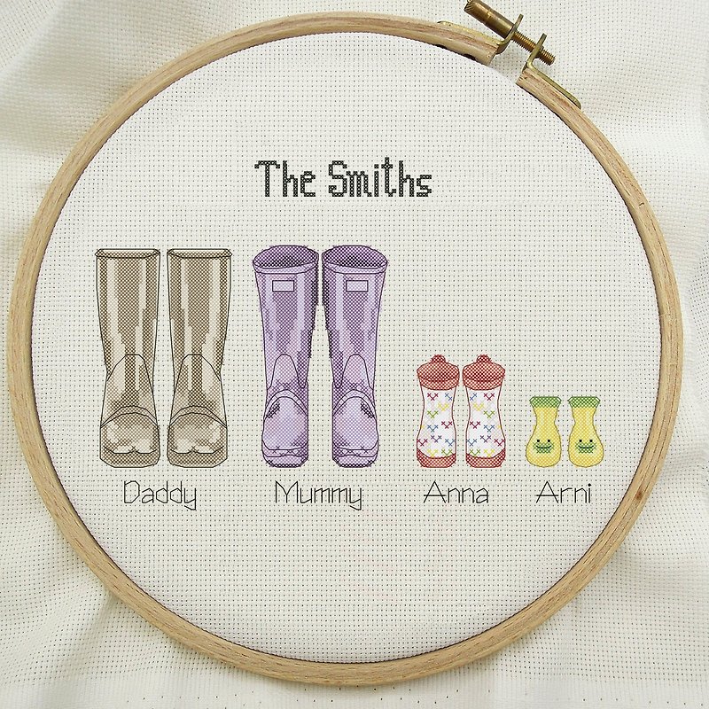 Wellies Family Print cross stitch pattern PDF - Knitting, Embroidery, Felted Wool & Sewing - Other Materials Pink