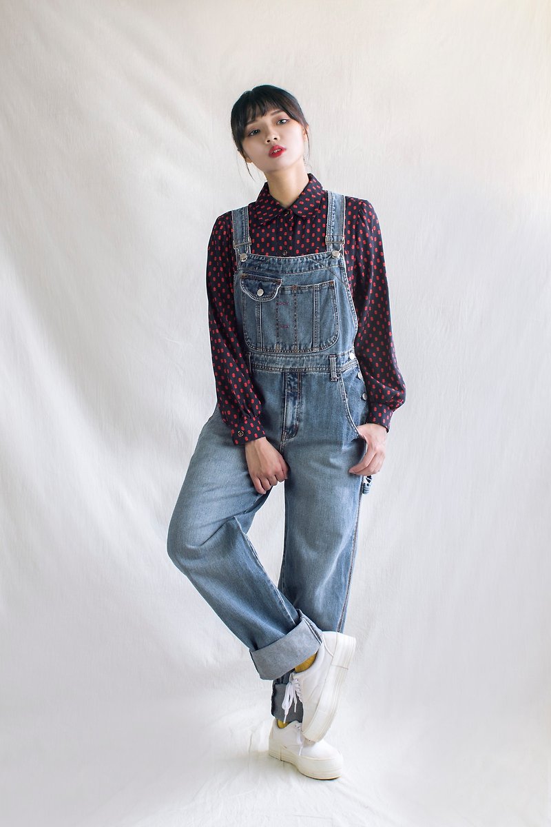 Washed multi-pocket boy wind vintage strap jeans - Overalls & Jumpsuits - Other Materials Blue