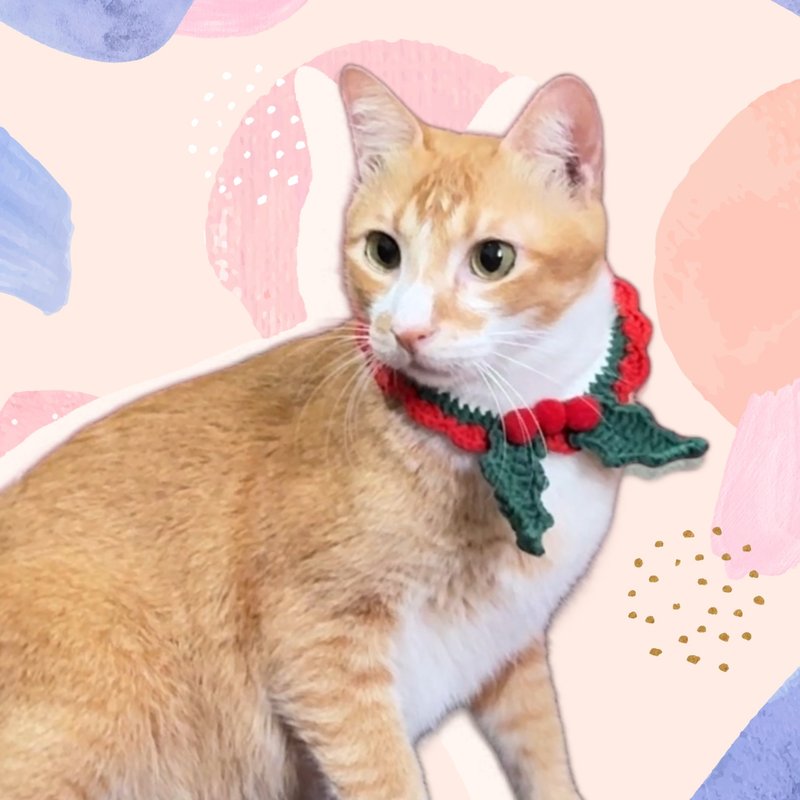 Holly Merry Xmas__冬青聖誕手工毛線寵物領巾S - 項圈/牽繩 - 其他人造纖維 多色