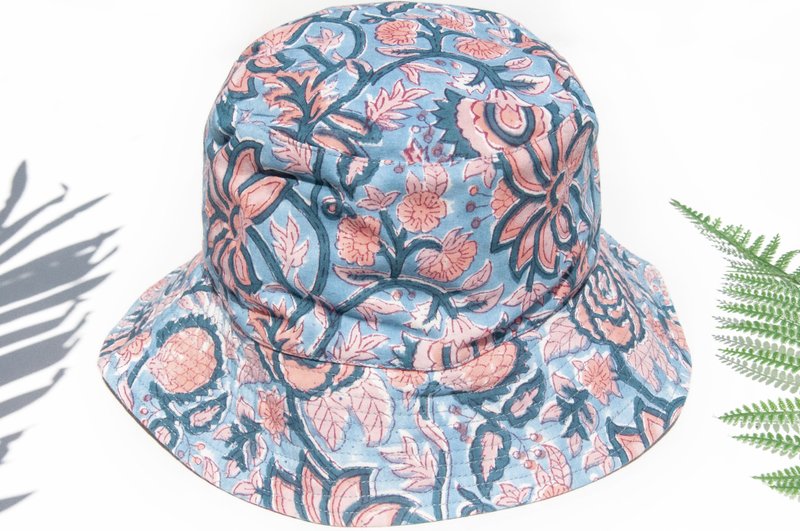 Fisherman hat, double-sided woodcut printed hat, cotton hat, woven hat, sun hat, hiking hat, pumpkin hat-pink flower - Hats & Caps - Cotton & Hemp Multicolor