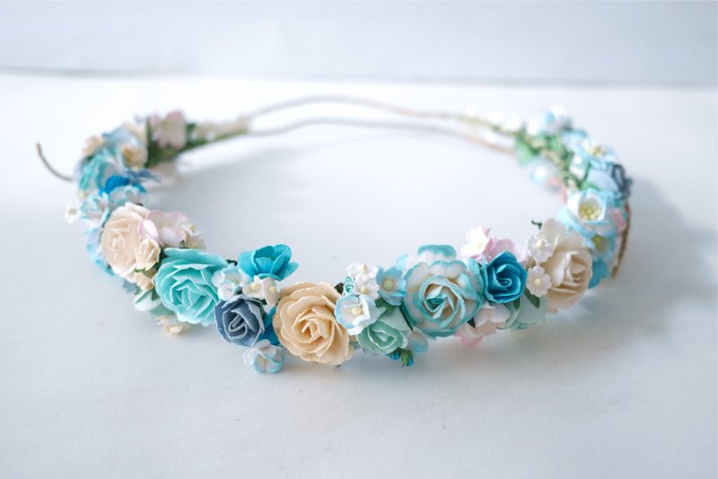 Paper Flower, Crown, Headband, Wedding, rose and budding roses, mint, blue sky, ivory, soft pink and soft blue brush Color. - 髮圈/髮夾 - 紙 透明