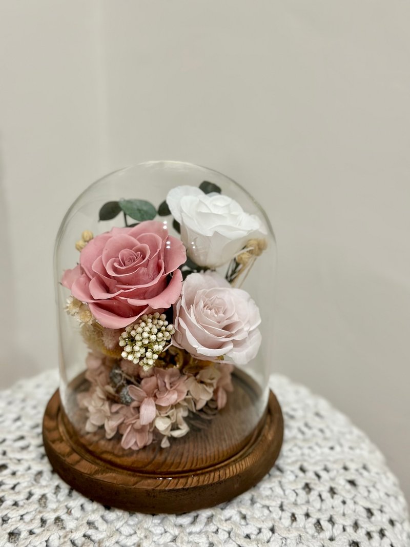 Sweet Pink Rose Glass Shade Preserved Flower Cup Valentine's Day Gift - ช่อดอกไม้แห้ง - พืช/ดอกไม้ 