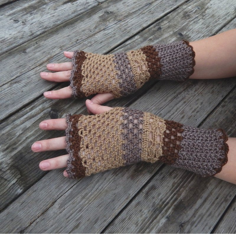 Crochet fingerless gloves Brown mittens Hand knit arm warmers - 手套 - 羊毛 咖啡色