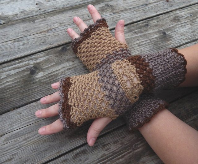 Crochet Fingerless Gloves, Cotton Brown Fingerless Gloves, Lace Gloves, Crochet Mittens, Boho Gloves, Arm Warmers, Knitted Ruffle Gloves