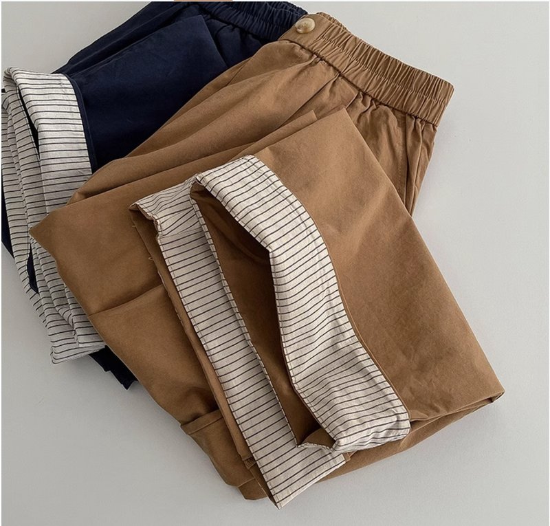 [Sori Zhihai] Simple striped cuffed casual pants (pre-order) - Women's Pants - Cotton & Hemp Khaki