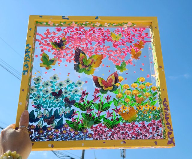 受注生産/花庭散歩/イエロー】 透明アート 影絵 インテリア 花