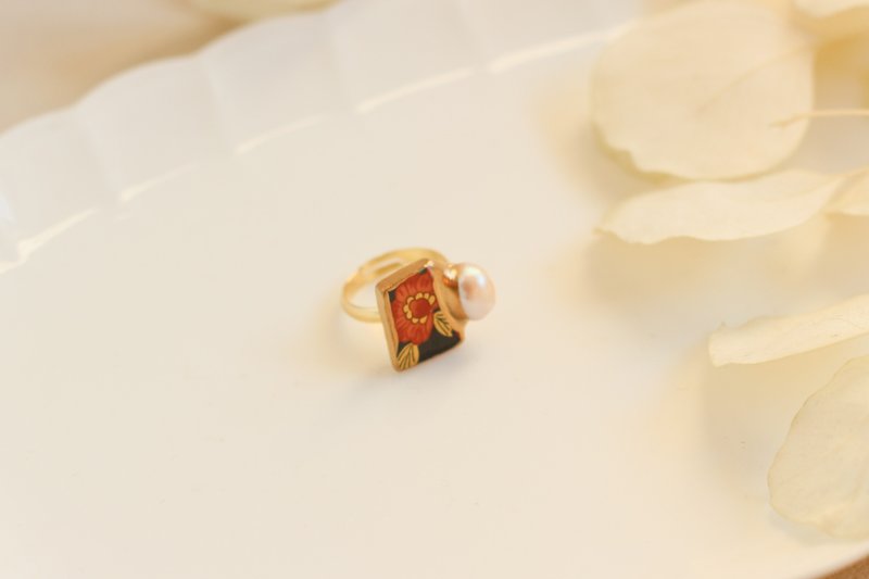 有田焼　金継ぎ  リング オレンジ 花柄 14K コーティング  フリーサイズ 淡水パール 伝統工芸　a14 - 戒指 - 陶 橘色