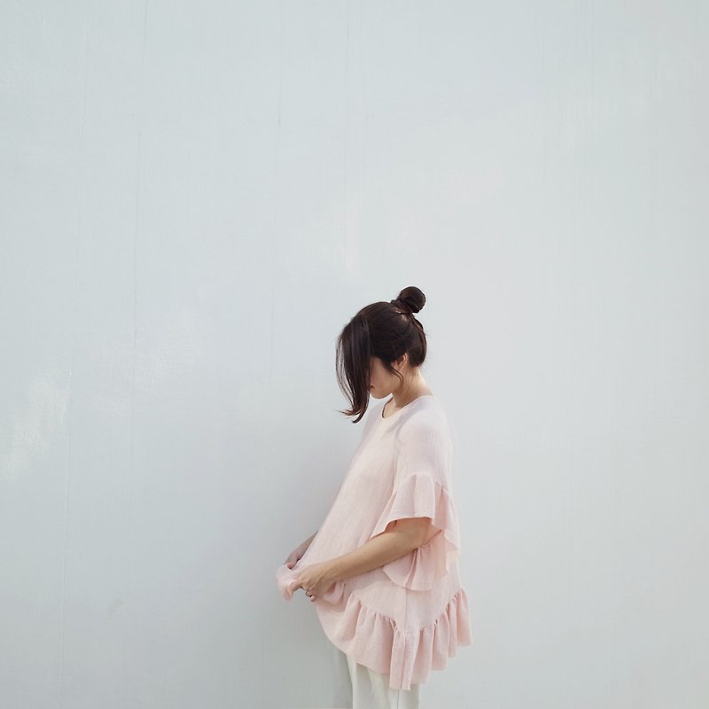 荷葉襬上衣 蜜桃粉 - 女裝 上衣 - 聚酯纖維 粉紅色