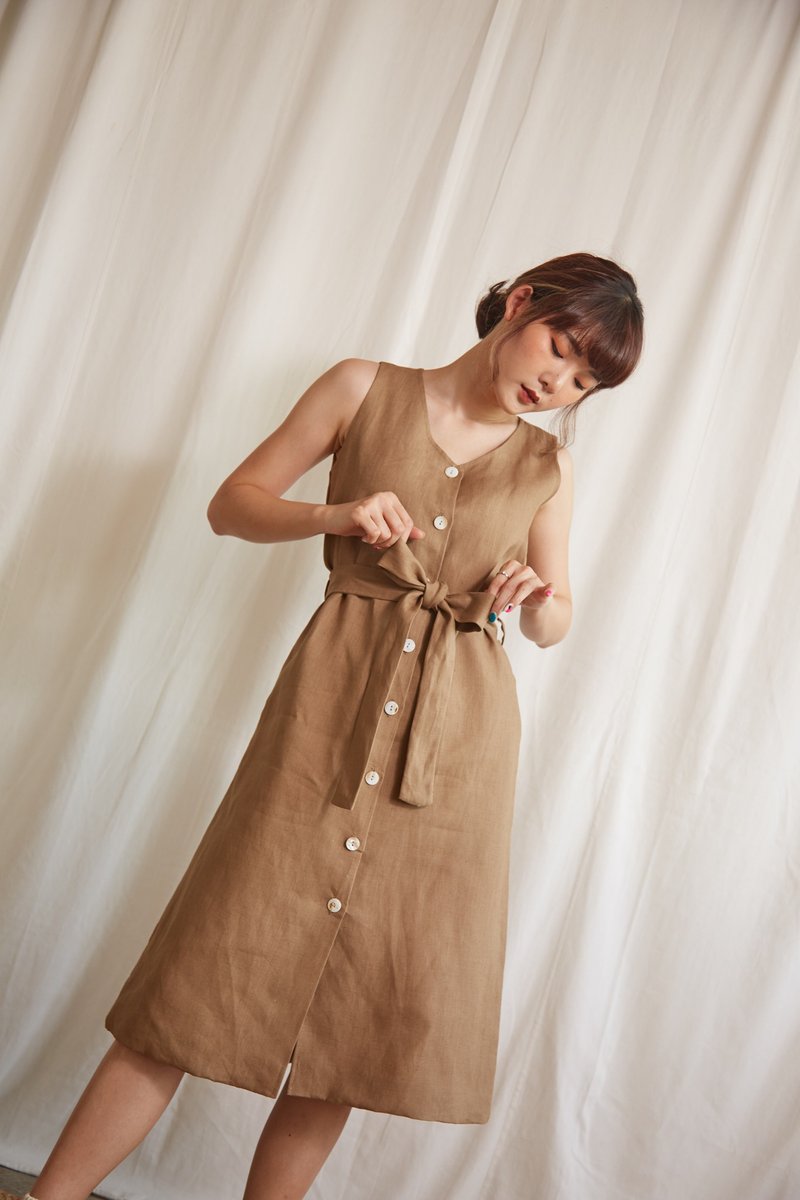 【HotSummer】リネンノースリーブVネック ワンピースカーキカラー - ワンピース - フラックス カーキ