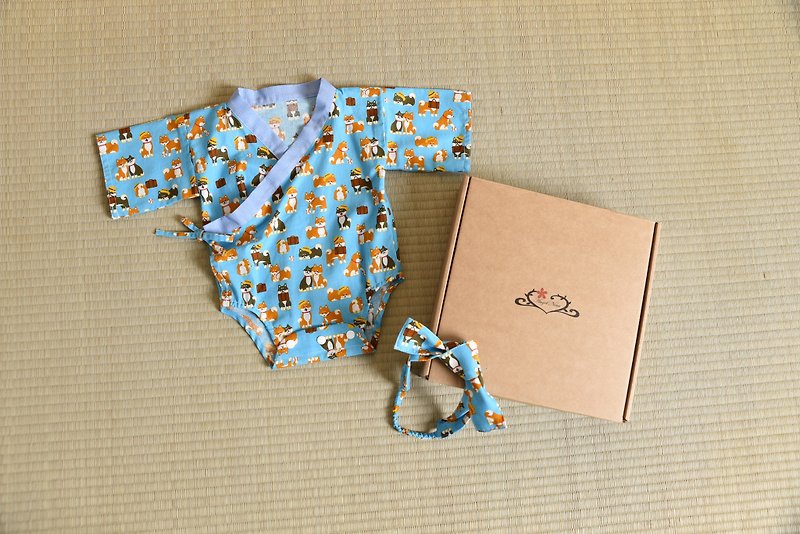 日本風の男の子バスローブバッグおなら衣服+ヘアバンドミ月収唾液グリップ円周ギフトセットブルー柴犬 - 出産祝い用贈物 - コットン・麻 ブルー