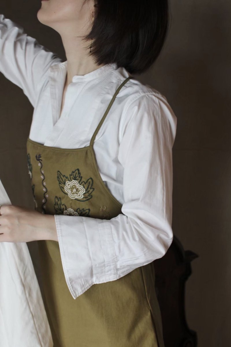 Spring Vest Dress 綠沙色 刺繡棉麻洋裝 - 洋裝/連身裙 - 棉．麻 多色