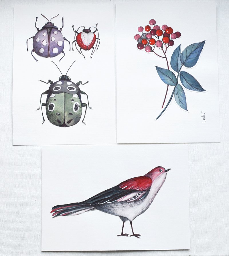 Set of 3 Original Watercolor Painting Modern Painting Flower Bird Bug 21x15cm - Illustration, Painting & Calligraphy - Paper Red