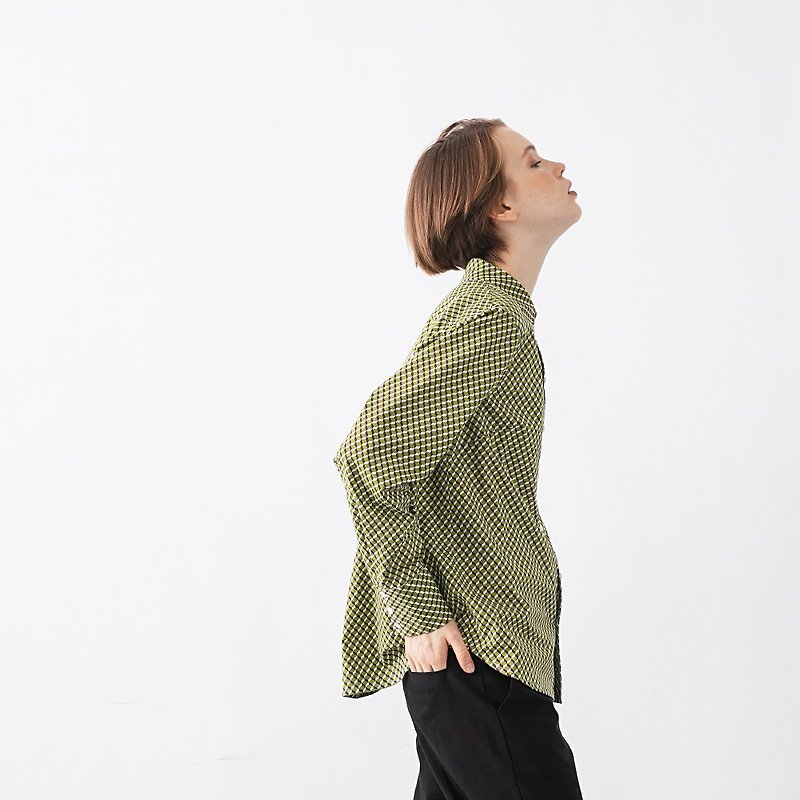 Cotton printed shirt futuristic geometric pattern shirt female No.598 - Women's Shirts - Cotton & Hemp Green