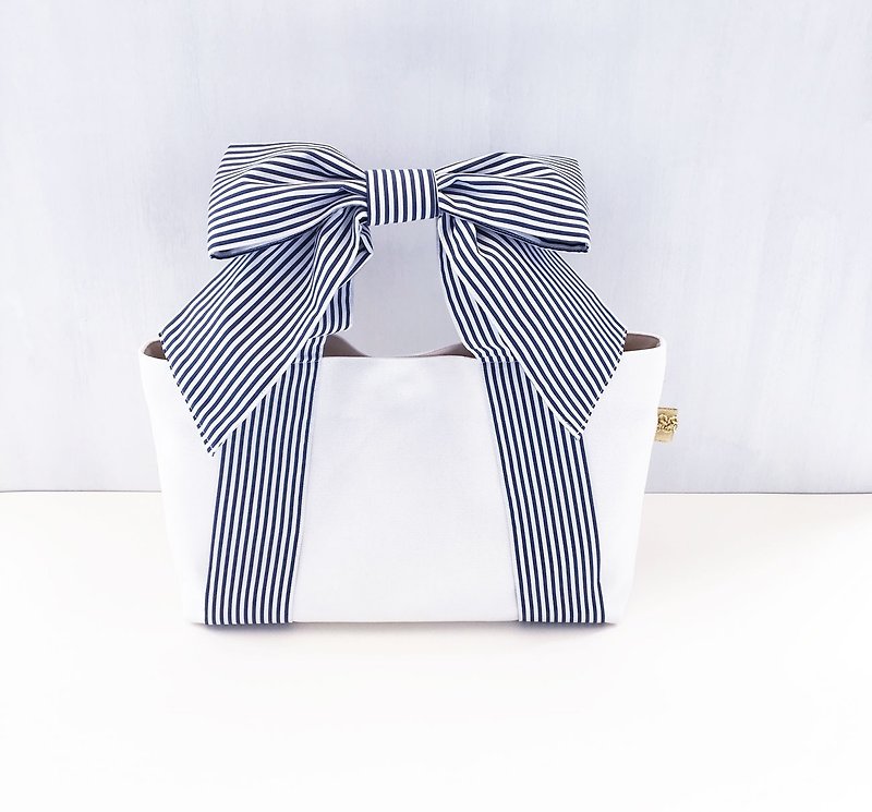 RIBBON TOTE BAG, navy blue stripe + white | Ribbon tote / Amber Stripe + White Canvas - Handbags & Totes - Cotton & Hemp White