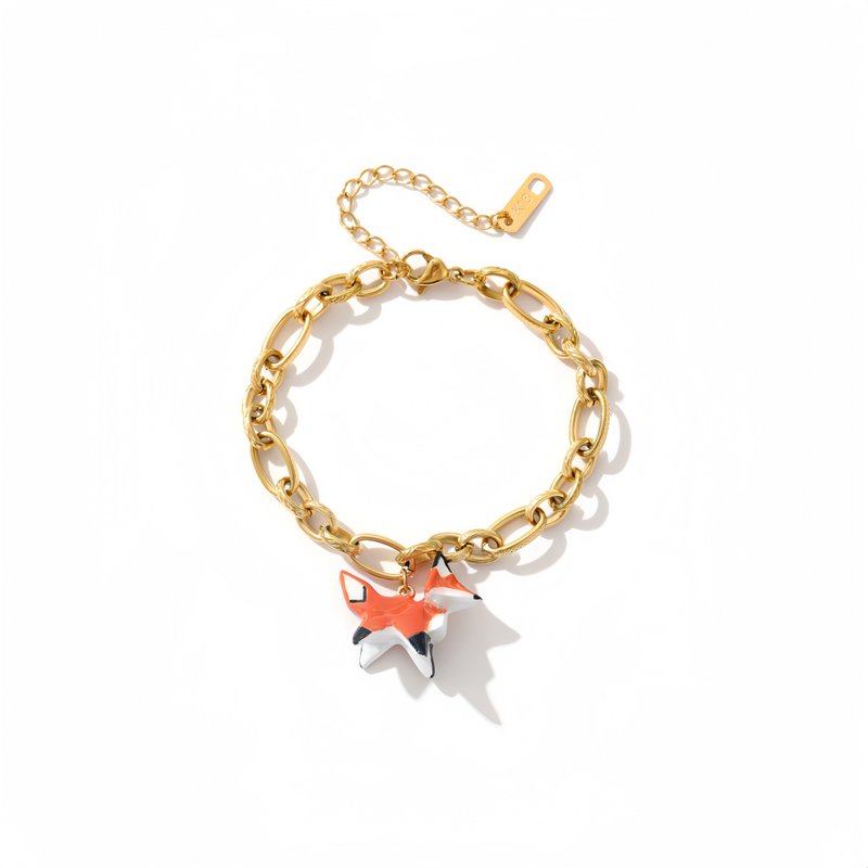 Prayer Origami Series Little Fox Red Brown Painted Enamel Bracelet + Necklace (Two-Wear Style) - สร้อยคอ - วัตถุเคลือบ 