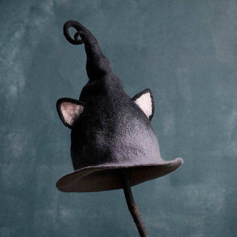 軻人造物手工羊毛氈尖尖帽貓耳朵巫師帽成人兒童攝影道具創意趣味 - 帽子 - 羊毛 