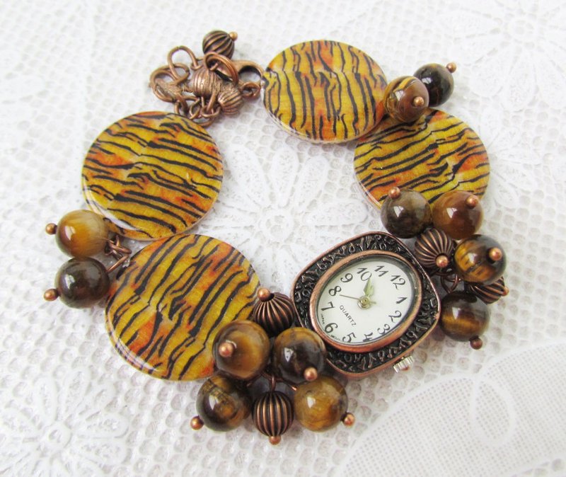 Beaded copper bracelet watch with tiger's eye and mother of pearl beads