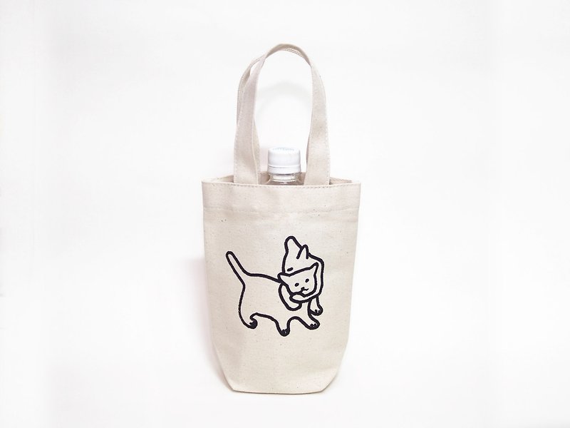 Little coffee puff cat hug cat drink bag - Handbags & Totes - Cotton & Hemp Khaki