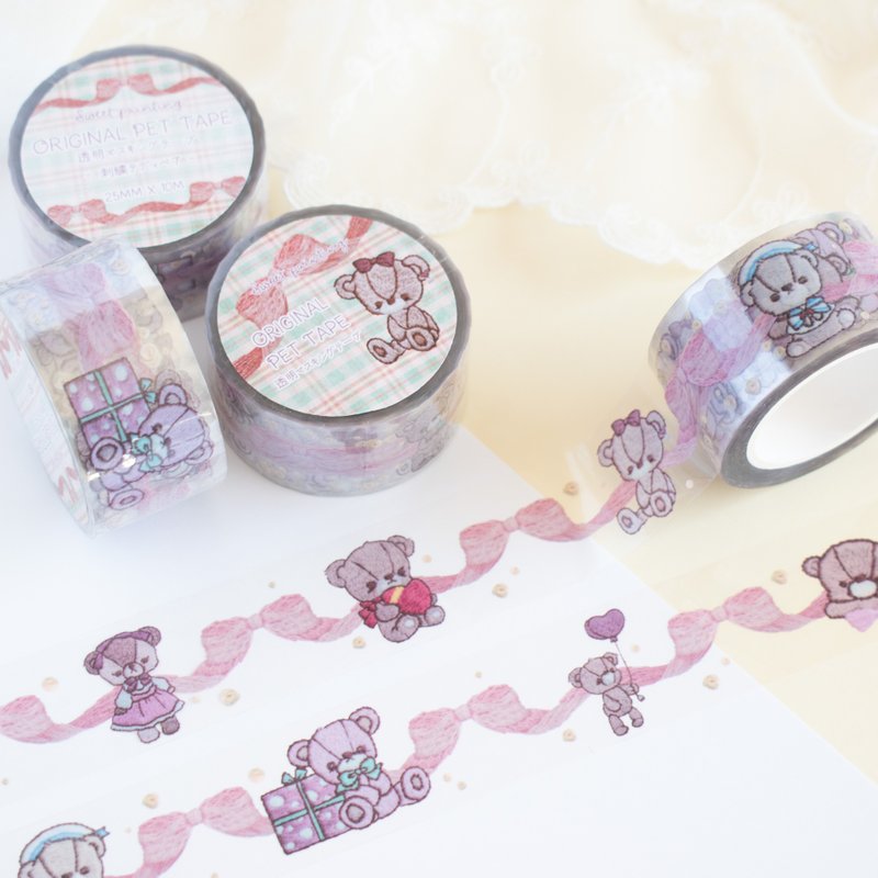 PET tape (clear washi tape) - Embroidery teddy bear No.1 - Washi Tape - Plastic Pink