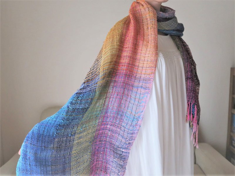 大判手織りストール　シルクリネン　サンセット　タペストリー　ソファカバー　ギフト　Shawl (L) 35 - 絲巾 - 絲．絹 多色