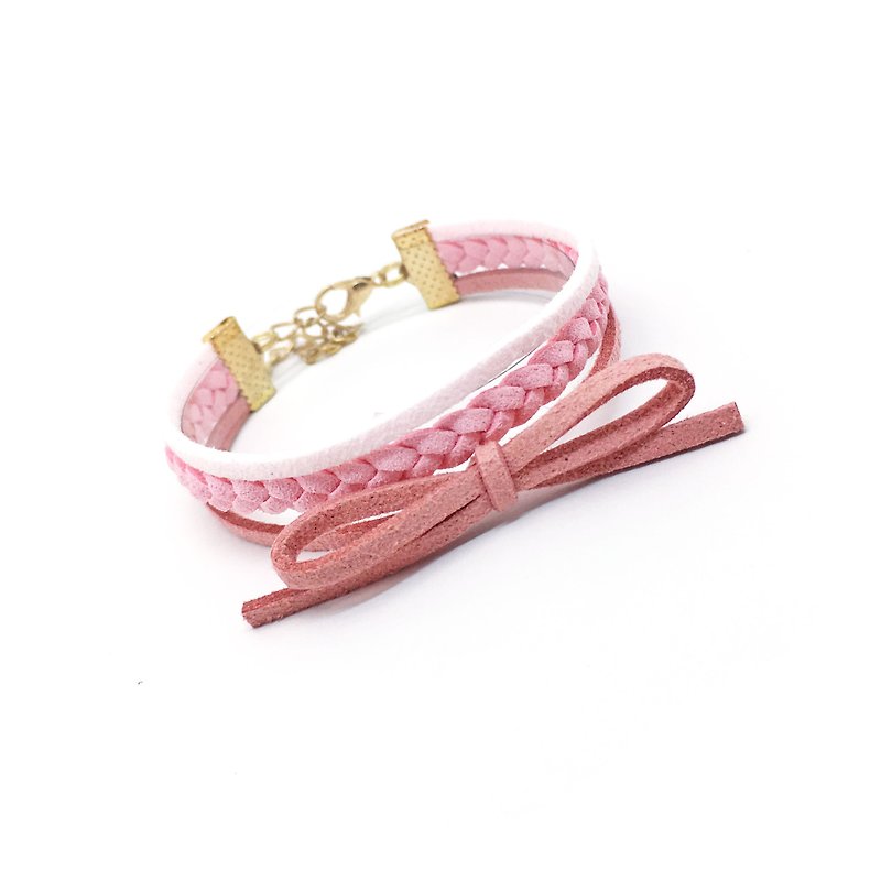手工製作 簡約個性 多層次 混色 編織手環 淡金色系列-粉紅 限量 - 手鍊/手鐲 - 其他材質 粉紅色