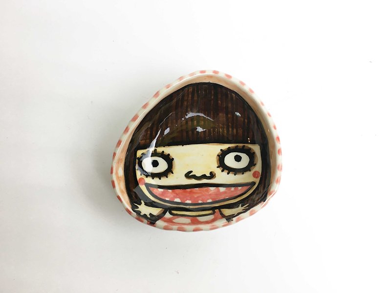 Nice Little Clay hand painted painted plate _ happy girl 0304-07 - จานเล็ก - ดินเผา สีส้ม