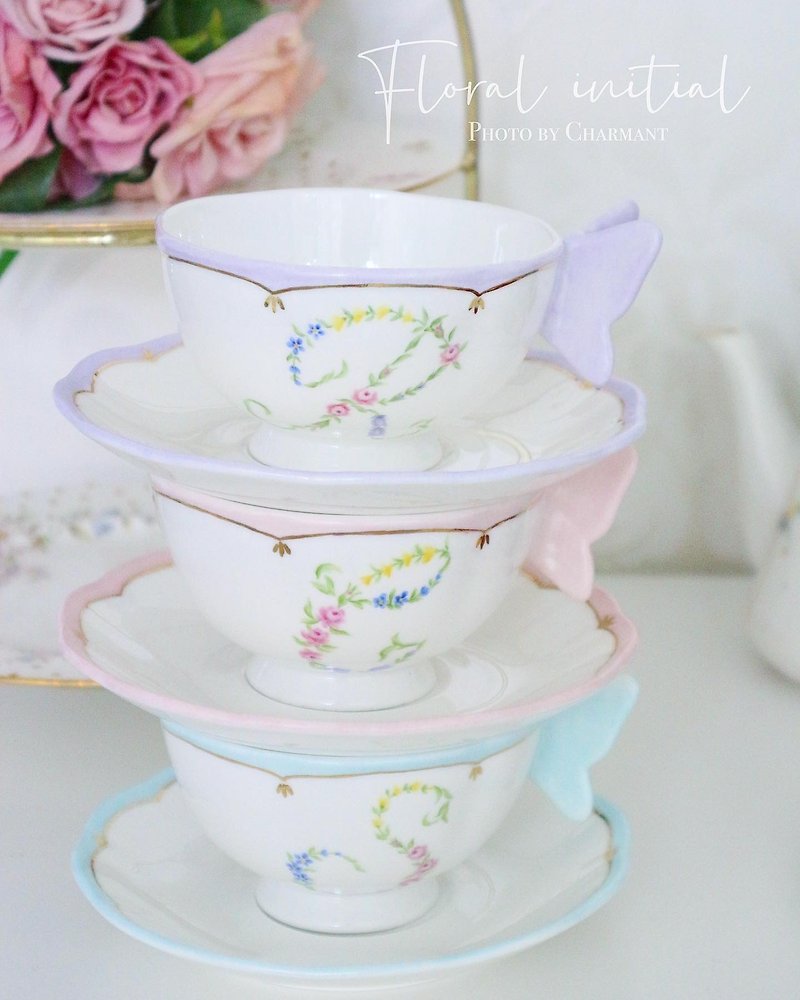 Hand-painted British letters tea cup afternoon tea coffee cup saucer cup with flower holder - Teapots & Teacups - Porcelain Multicolor