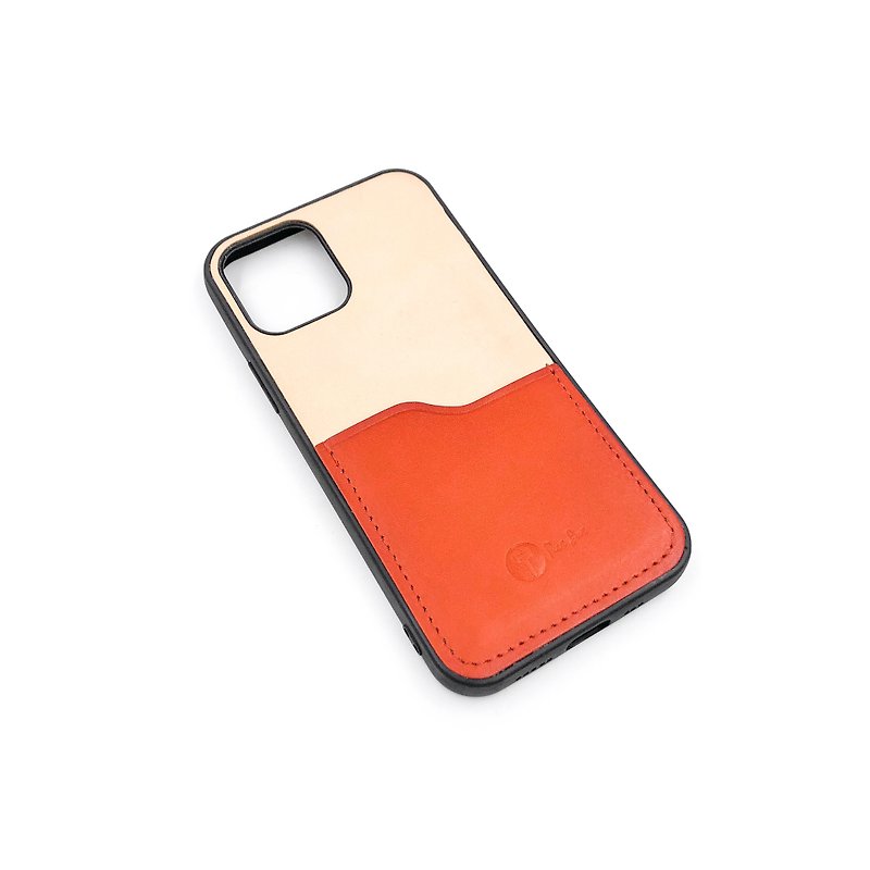 真皮 手機殼/手機套 橘色 - 手工植鞣皮革-iPhone 12/12 Pro 手機殼(有卡夾)