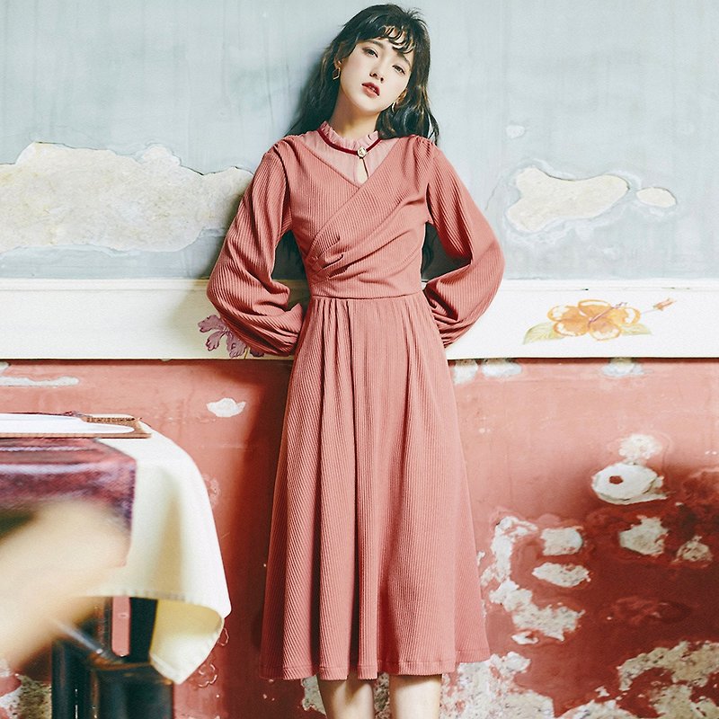 【清倉滿減】女裝秋季穿搭 法式荷葉領針織連身裙洋裝 9032 - 洋裝/連身裙 - 聚酯纖維 紅色