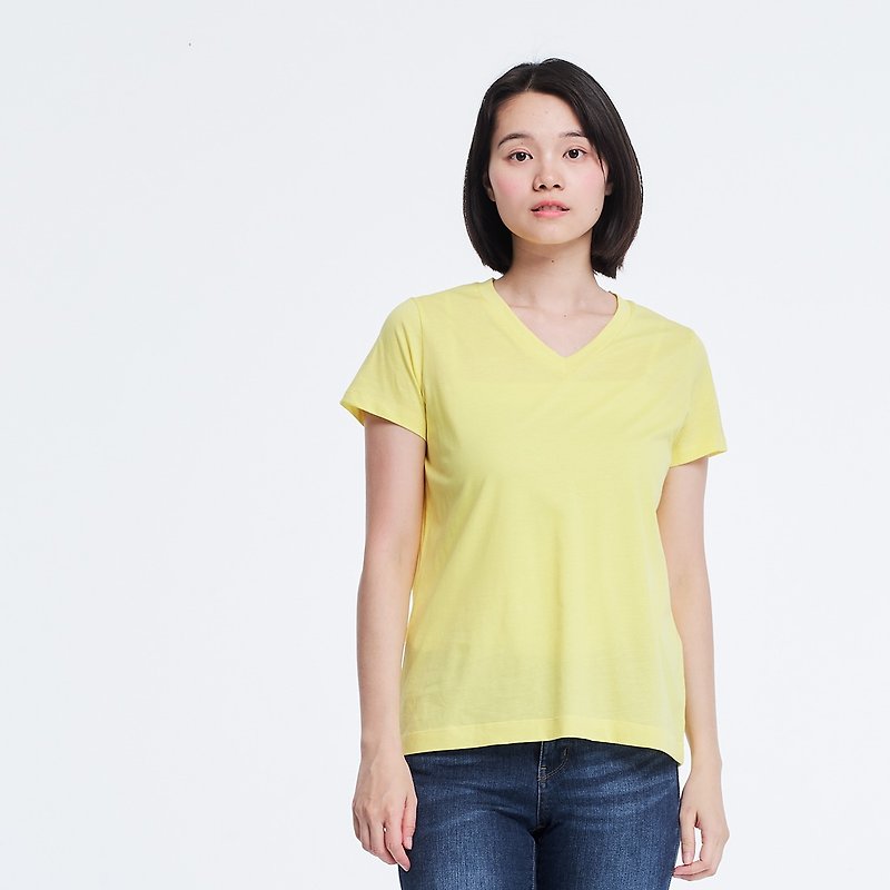 Mercerized Cotton Fabric Short Sleeves V neck T-shirt Top Yellow - เสื้อยืดผู้หญิง - ผ้าฝ้าย/ผ้าลินิน สีเหลือง