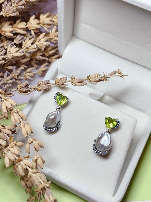 S gems jewel S925純銀橄欖石,淡水珍珠Keshi及藍寶石耳環