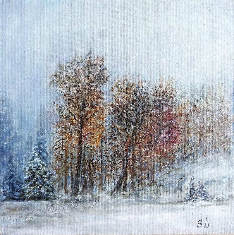 Winter Landscape Original Art Snow Oil Painting Wall Art Winter Forest dawn - 海報/掛畫/掛布 - 其他材質 多色