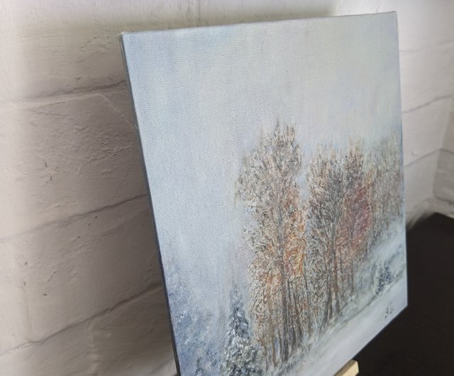 冬の風景オリジナルアート雪の油絵壁アート冬の森の夜明け