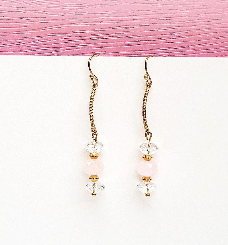 <Candy Party- white bubble> rose quartz crystal white Bronze earrings minimalist geometry personalized gift - Earrings & Clip-ons - Crystal Pink