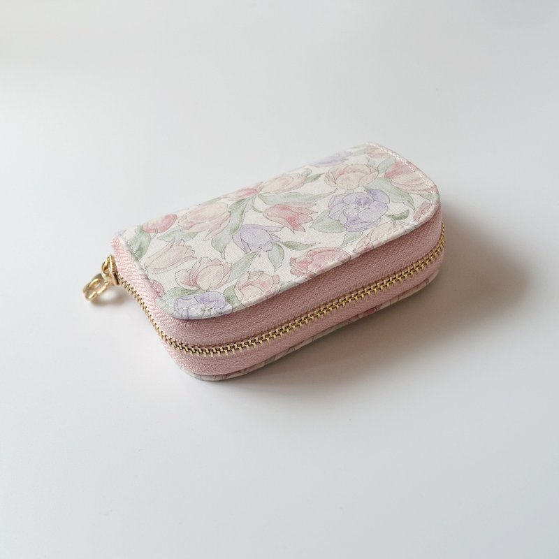 Card Holder/ Simple Coin Purse/ Pink Tulip - กระเป๋าใส่เหรียญ - ผ้าฝ้าย/ผ้าลินิน 