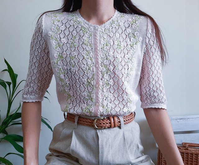 Vintage 1960s Hand Knit Blouse Pastel Pink Silk Linen