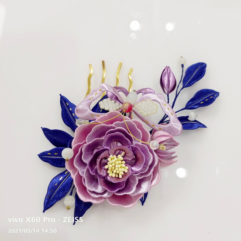 客制  蝴蝶牡丹纏花髮梳髮夾髮箍 新娘發飾 和服發飾 髮簪 - 髮夾/髮圈 - 絲．絹 