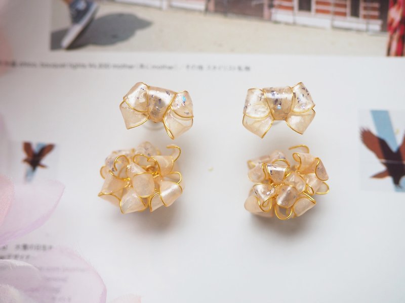 Two-piece detachable pink resin earrings - ต่างหู - เรซิน สึชมพู