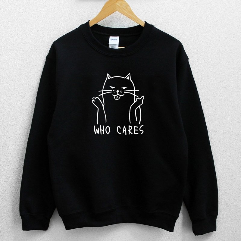 Who Cares Cat #2 中性大學T 刷毛 黑色 狗貓毛小孩聖誕交換禮物 - 帽T/大學T - 棉．麻 黑色