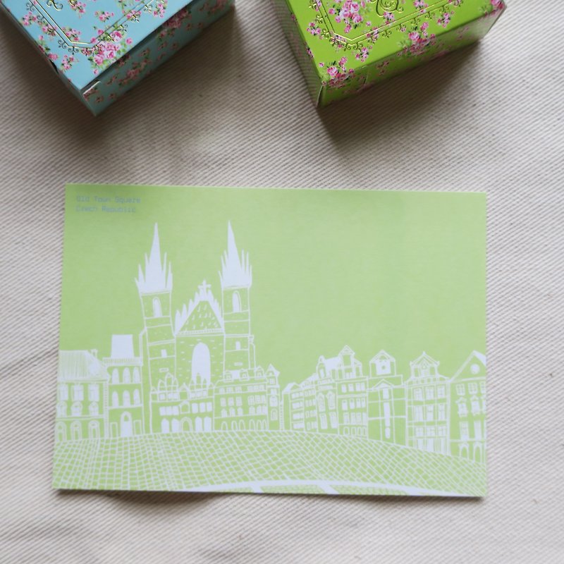 Travel landscape Czech-Prague Square / Illustrated postcard - Cards & Postcards - Paper Green