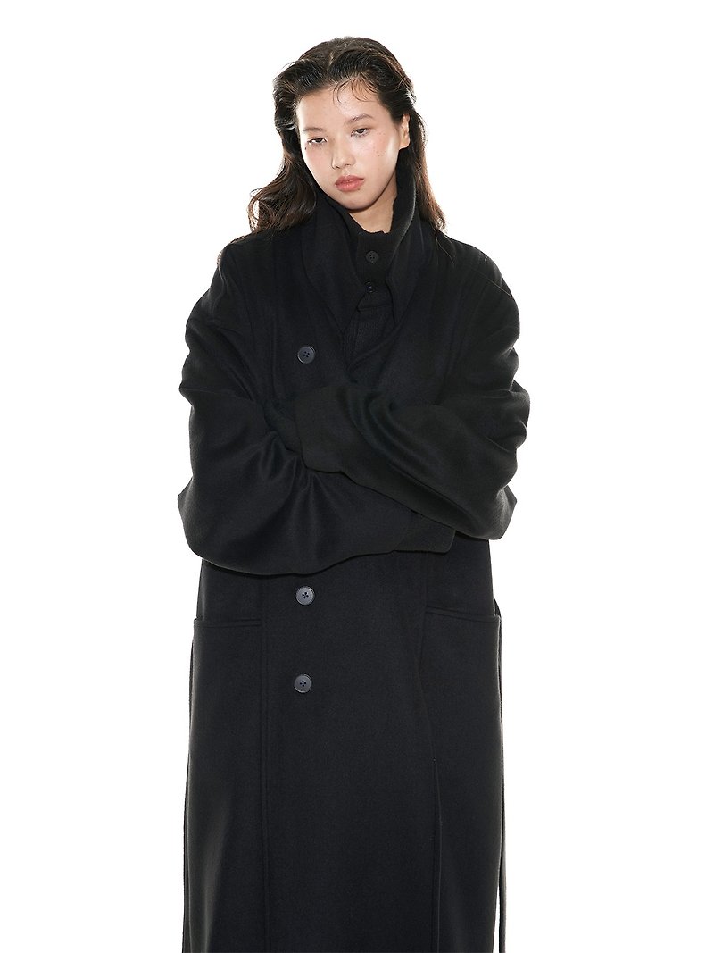 Wool velvet stand collar Chinese style coat autumn and winter black long fur coat for men and women - เสื้อผู้หญิง - วัสดุอื่นๆ สีดำ