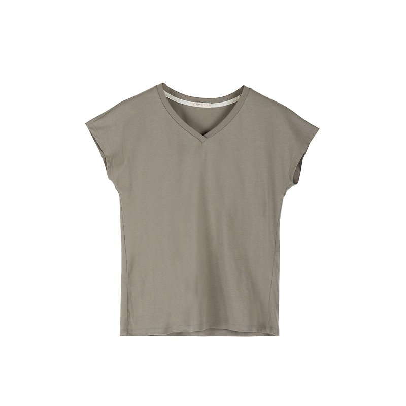 Women's V-neck short-sleeved top (pure white/olive green) - เสื้อยืดผู้หญิง - ผ้าฝ้าย/ผ้าลินิน ขาว