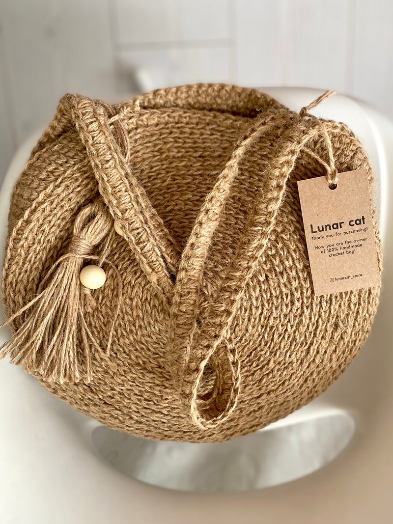 Crochet Round Jute Bag, Crochet Tote Bag, Crochet Shoulder Jute Bag - Handbags & Totes - Eco-Friendly Materials Brown