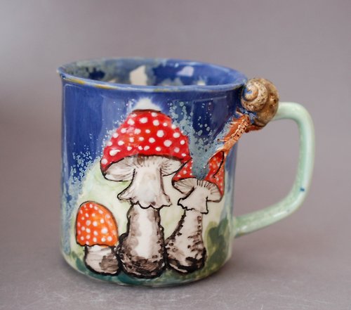 PorcelainShoppe Snail and amanita Surprise mug Mushroom cup Blue green crystalline glaze