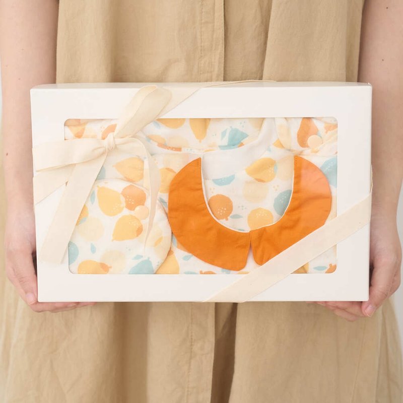 【寶寶彌月禮盒】豪華3件組/寶柚桔利/活力黃綠 - 滿月禮物 - 棉．麻 橘色