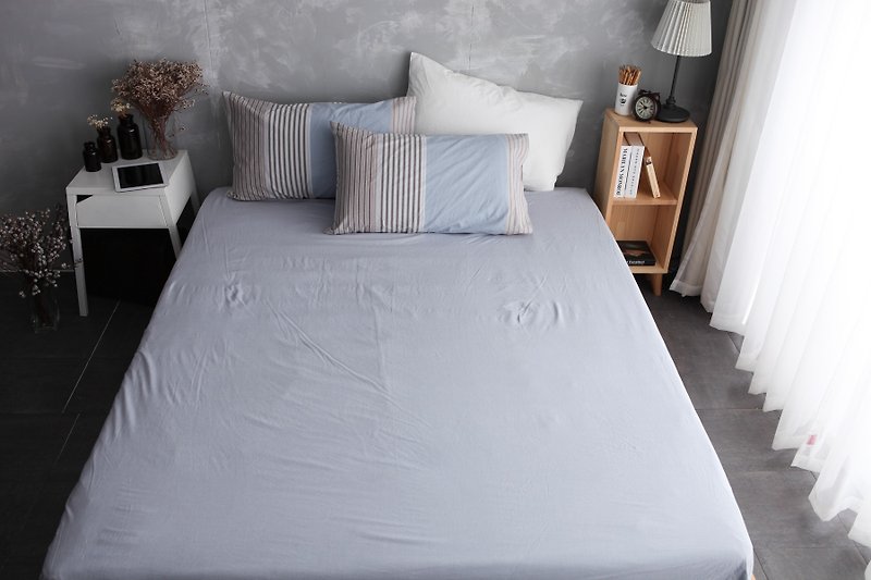 天然水洗棉床包枕套組-  藍 x 駝 - 床包/寢具 - 棉．麻 藍色